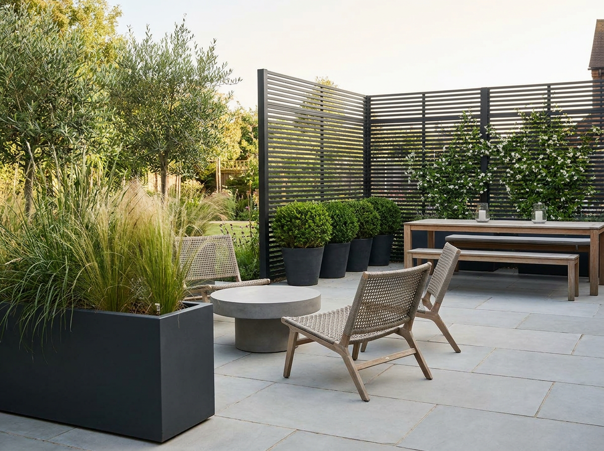 Modern outdoor living space with privacy screen, greenery, and comfortable patio seating