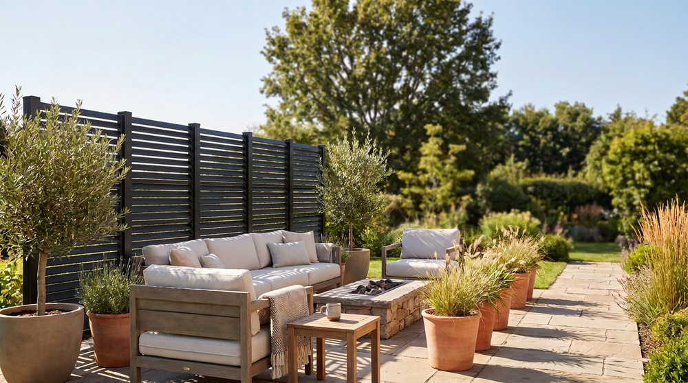 Modern backyard patio with a matte black metal louvered privacy screen creating a private and comfortable outdoor living space