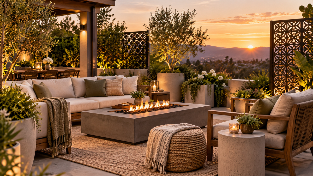 Outdoor living space featuring privacy screens, planters, greenery, and a fire pit for a relaxing backyard retreat