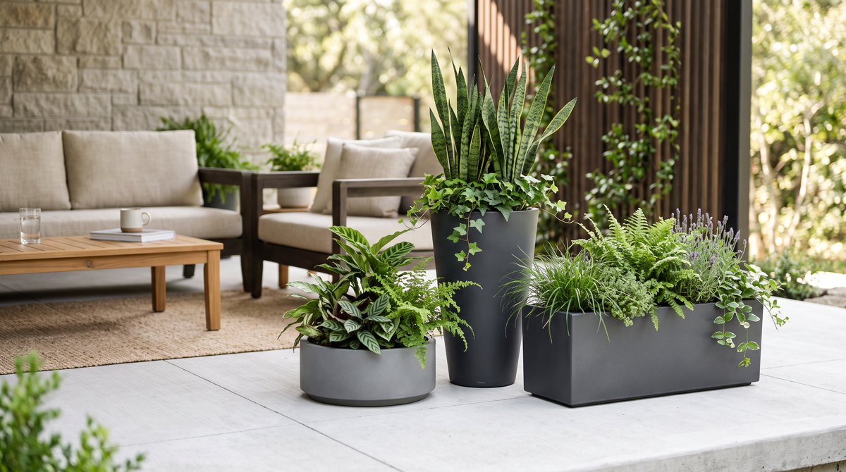 Outdoor planters arranged on a modern patio with tall and rectangular planters