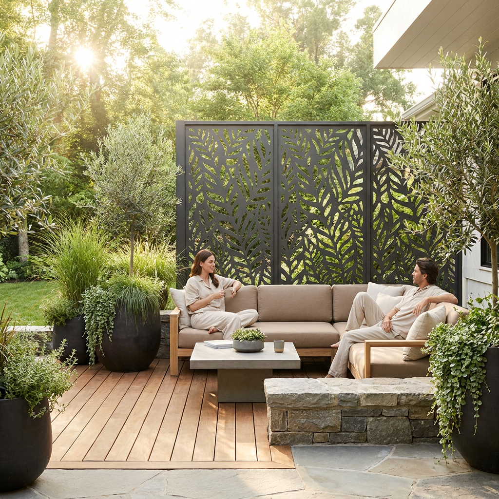Patio privacy ideas with modern outdoor seating, greenery, and decorative privacy screens