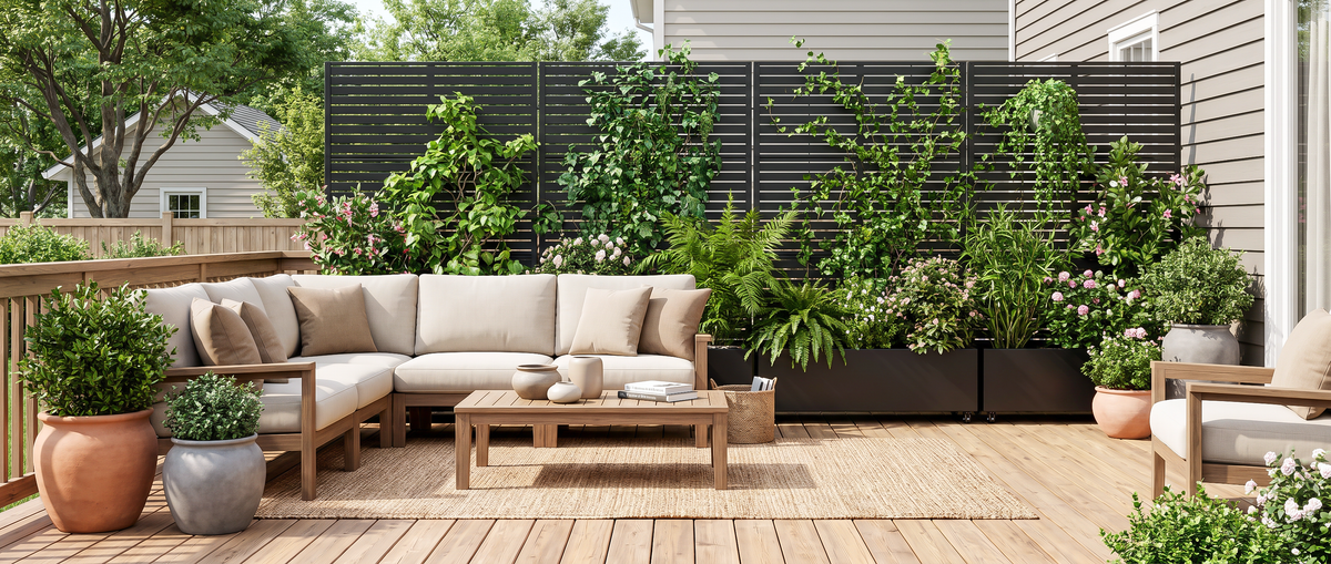 Black privacy screen with integrated planter box on a modern backyard patio