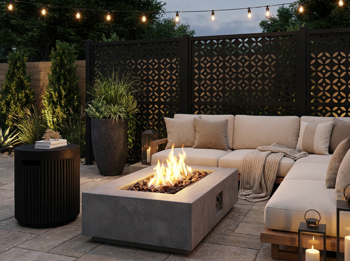 Modern outdoor fire pit setup with patio seating, privacy screen, greenery, and ambient lighting