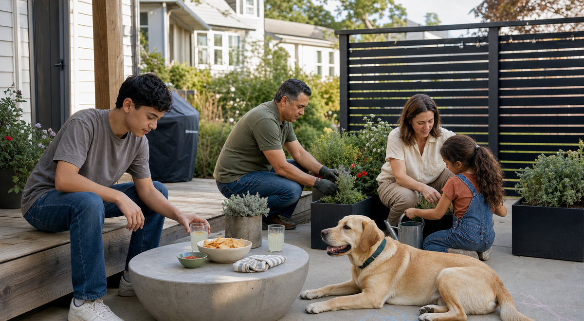 Family enjoying a relaxed outdoor meal in a landscaped backyard