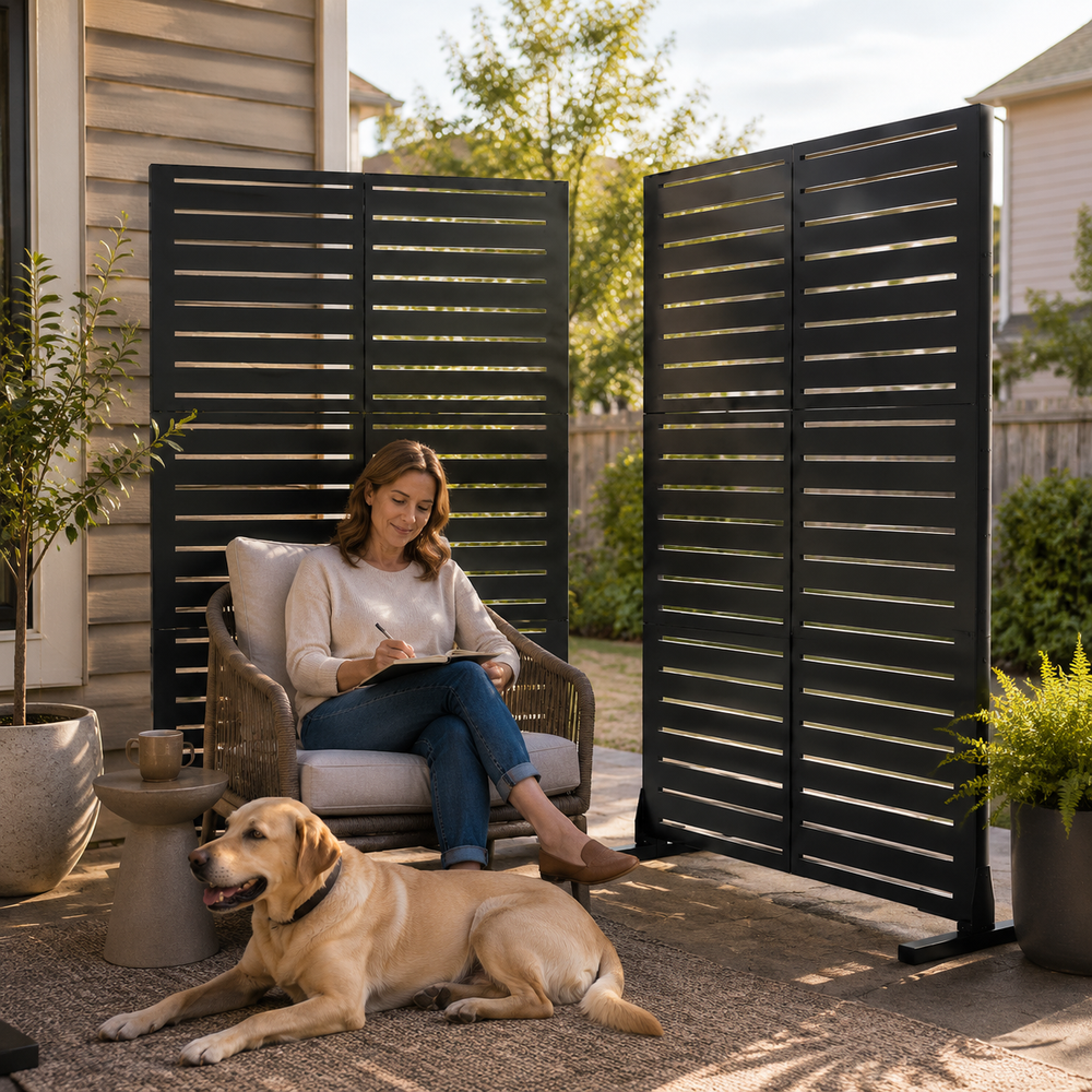 Narrow-Slat Louvered Metal Privacy Screen — Set of 2