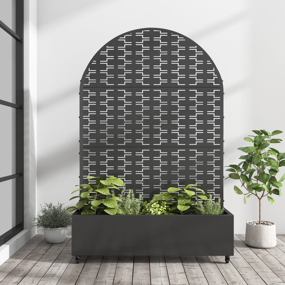 Arched Brick Pattern Metal Privacy Screen with Planter Box – Modern Outdoor Backyard Divider