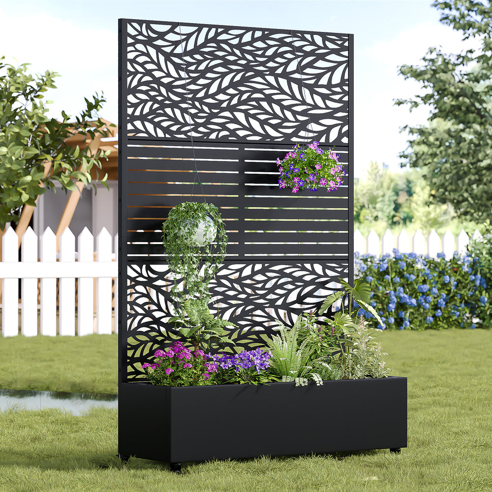 Flowing Leaf and Classic Louvered Metal Privacy Screen with Planter Box – Botanical Modern Outdoor Divider