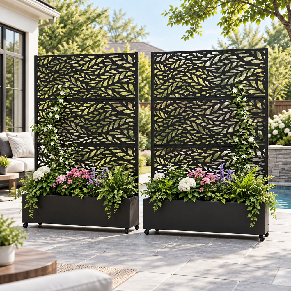 Flowing Leaf Pattern Metal Privacy Screen with Planter Box — Set of 2