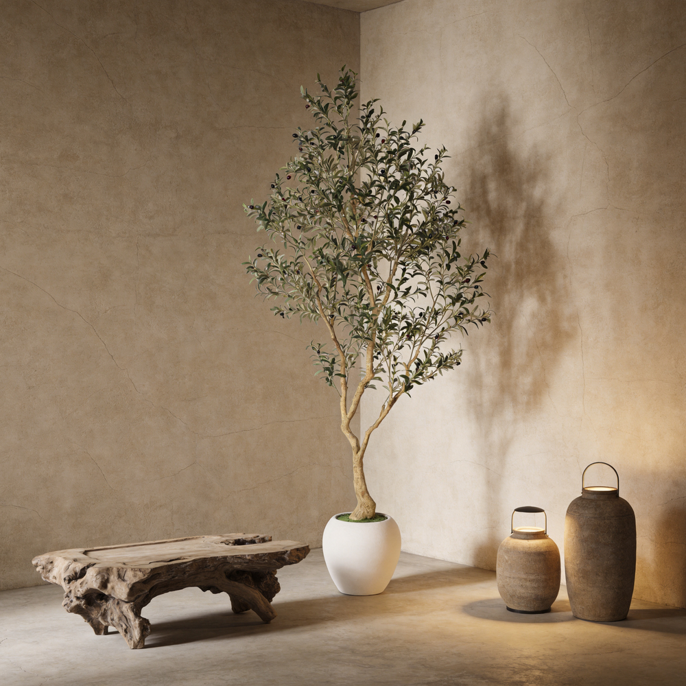 8.2 ft artificial olive tree styled in a modern outdoor living space