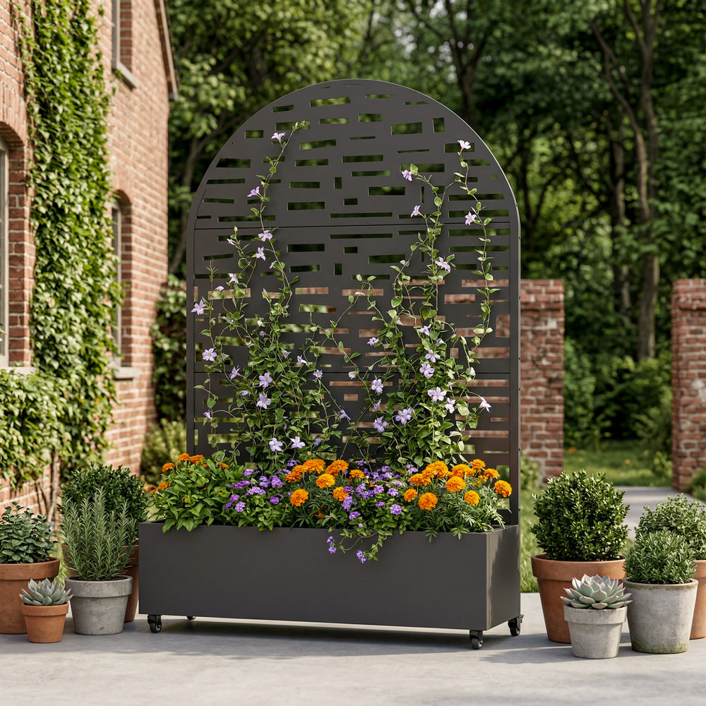 Arched Broadline Metal Privacy Screen with Planter Box – Modern Outdoor Patio Divider