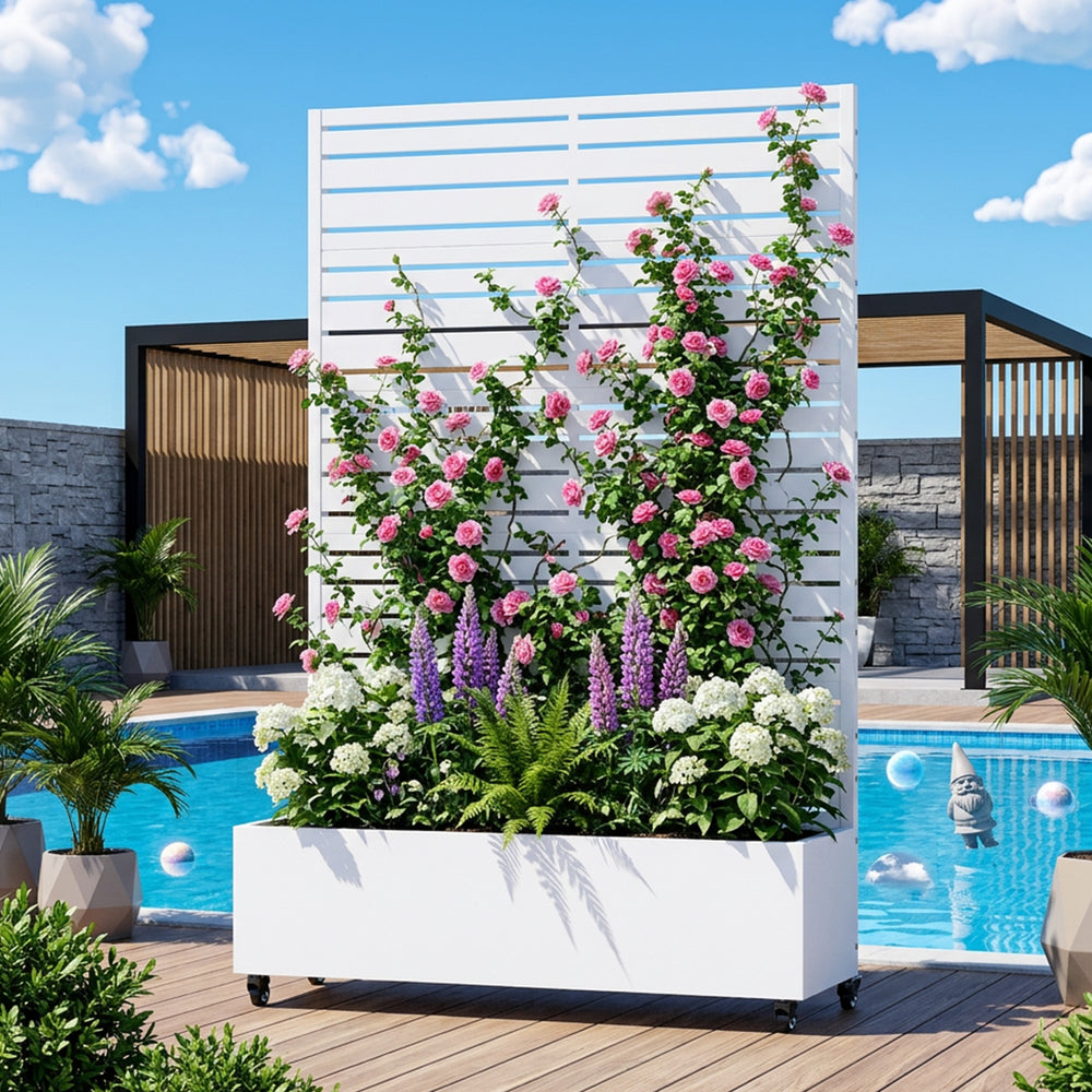 Mixed-width louvered metal privacy screen with planter box