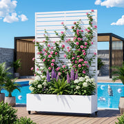 Mixed-width louvered metal privacy screen with planter box