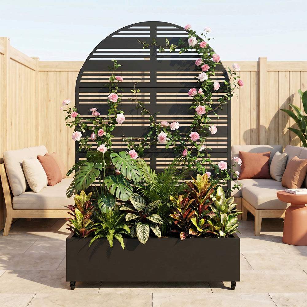 Arched Mixed-Width Louvered Metal Privacy Screen with Planter Box – Modern Outdoor Privacy Divider