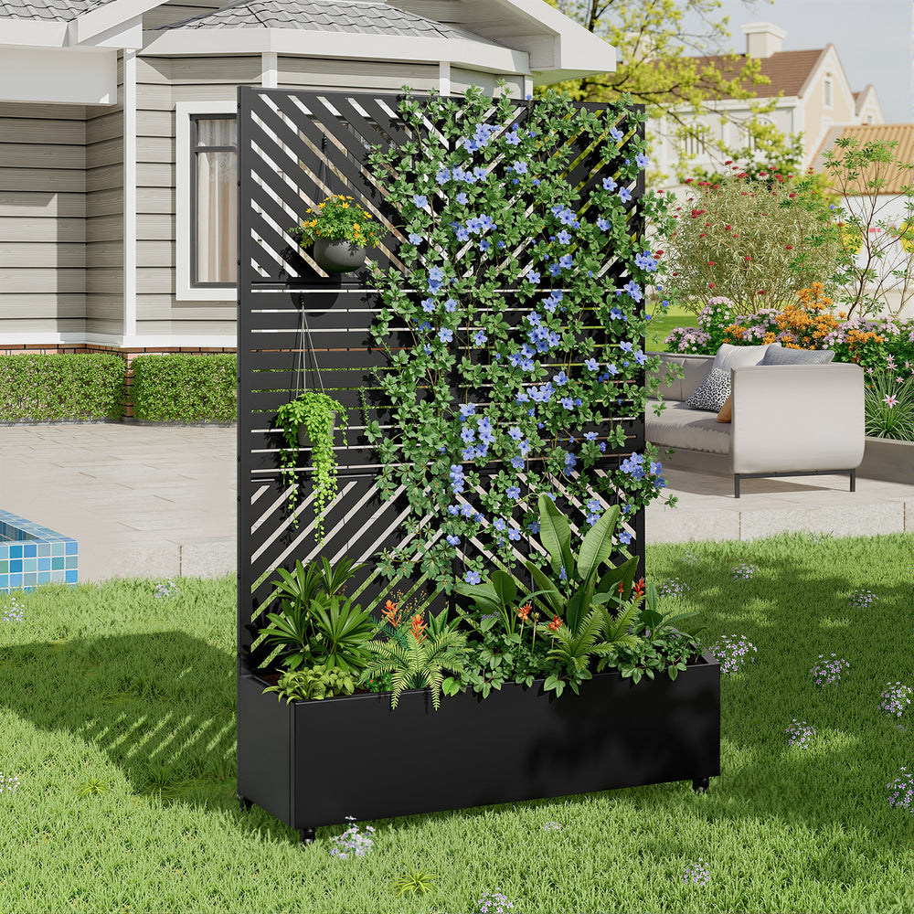 Parallel slat and classic louvered metal privacy screen with planter box