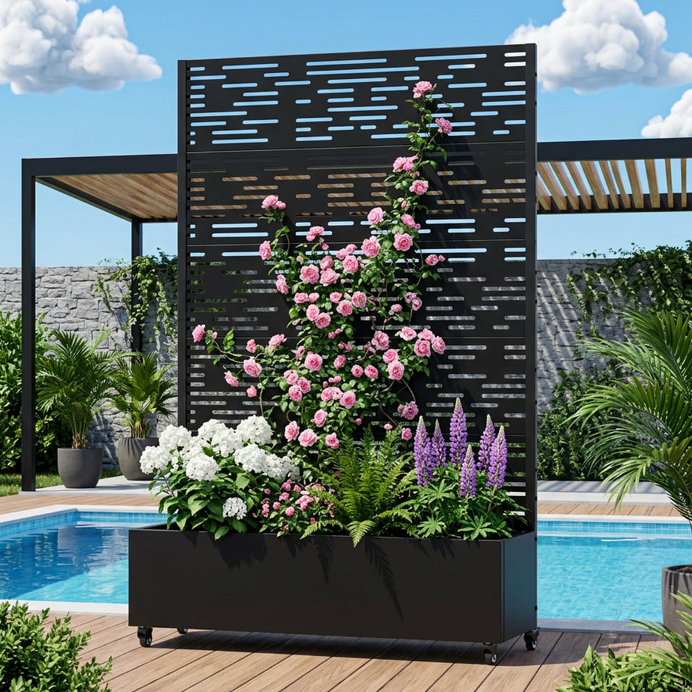 Light and shadow metal privacy screen with planter box