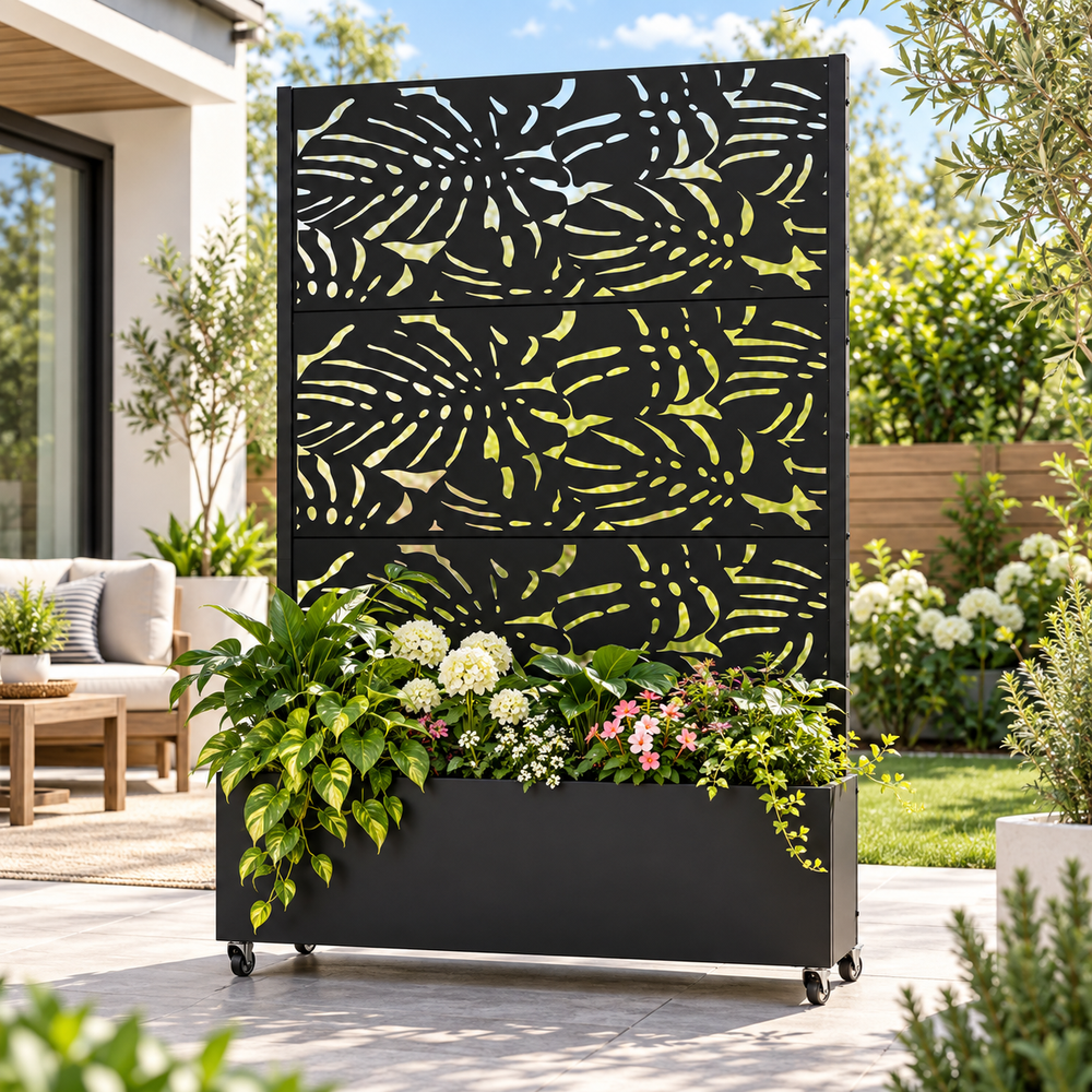 Monstera Leaf Metal Privacy Screen with Planter Box – Botanical Outdoor Privacy Solution