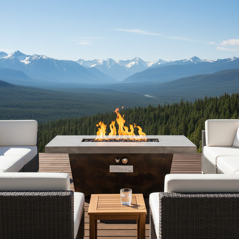Modern Rectangular Gas Fire Pit Table — Cement Look Outdoor Fire Pit