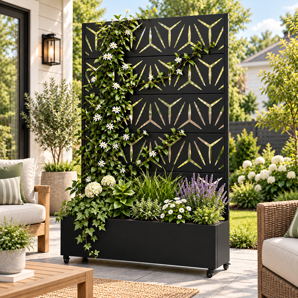 Star Pattern Metal Privacy Screen with Planter Box – Decorative Outdoor Privacy Divider