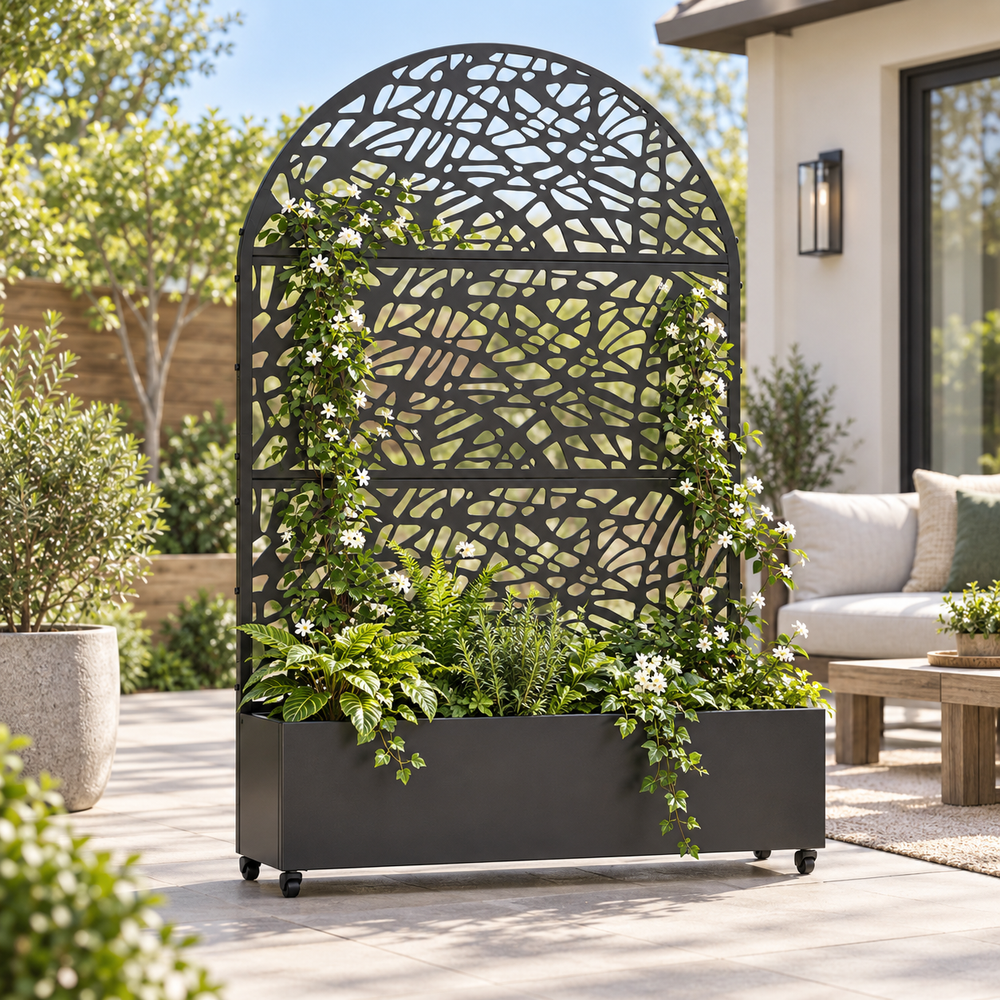 Arched Open Lattice Metal Privacy Screen with Planter Box – Outdoor Garden Divider