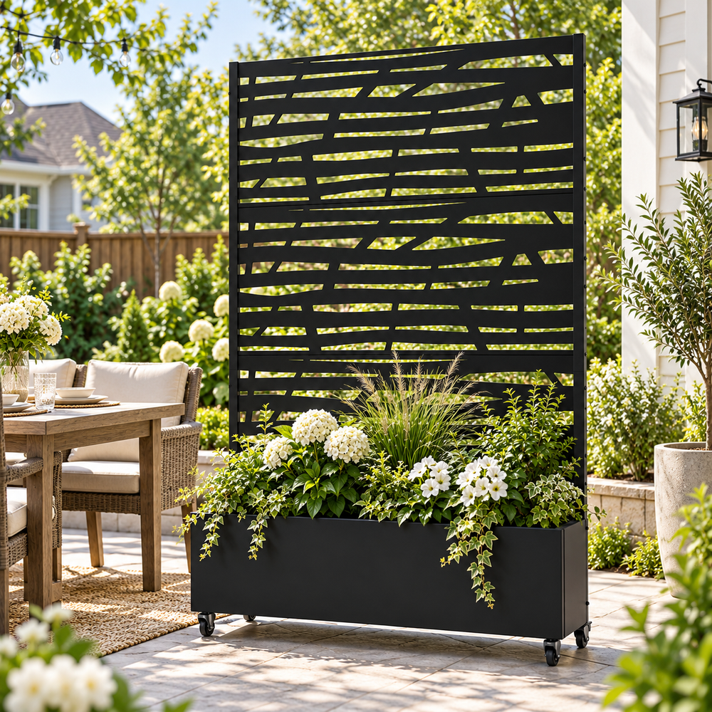 Botanical Leaf Metal Privacy Screen with Planter Box – Botanical Outdoor Privacy Solution