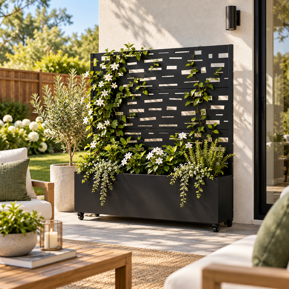 Broadline Metal Privacy Screen with Planter Box – Outdoor Patio & Backyard Divider