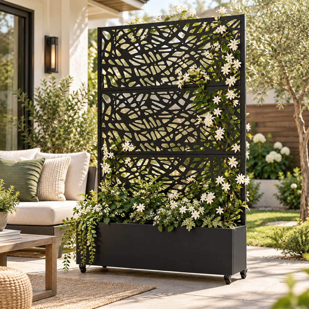 Open Lattice Metal Privacy Screen with Planter Box – Outdoor Garden Divider