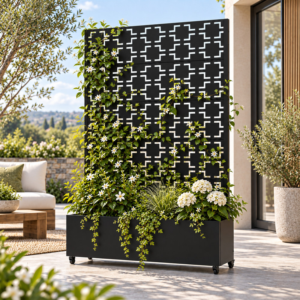 Square Grid Metal Privacy Screen with Planter Box