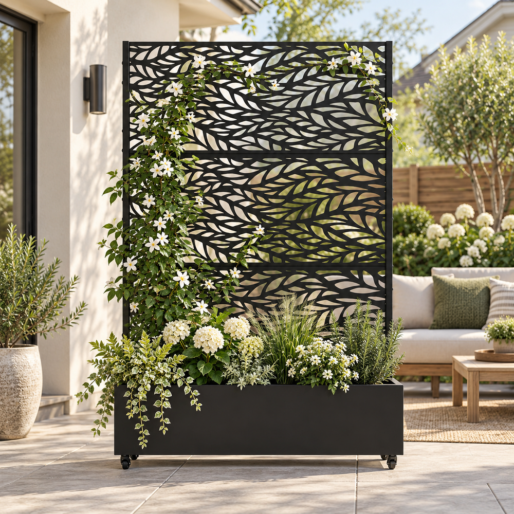 Flowing Leaf Metal Privacy Screen with Planter Box – Botanical Outdoor Privacy Divider
