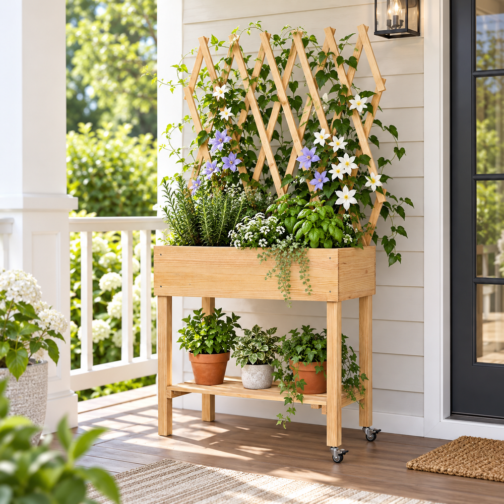 Rectangular Wood Privacy Screen with Planter Box – Natural Outdoor Divider