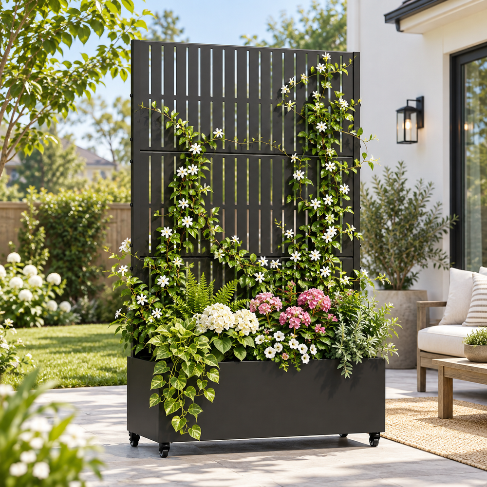 Vertical Slat Metal Privacy Screen with Planter Box – Modern Outdoor Privacy Divider