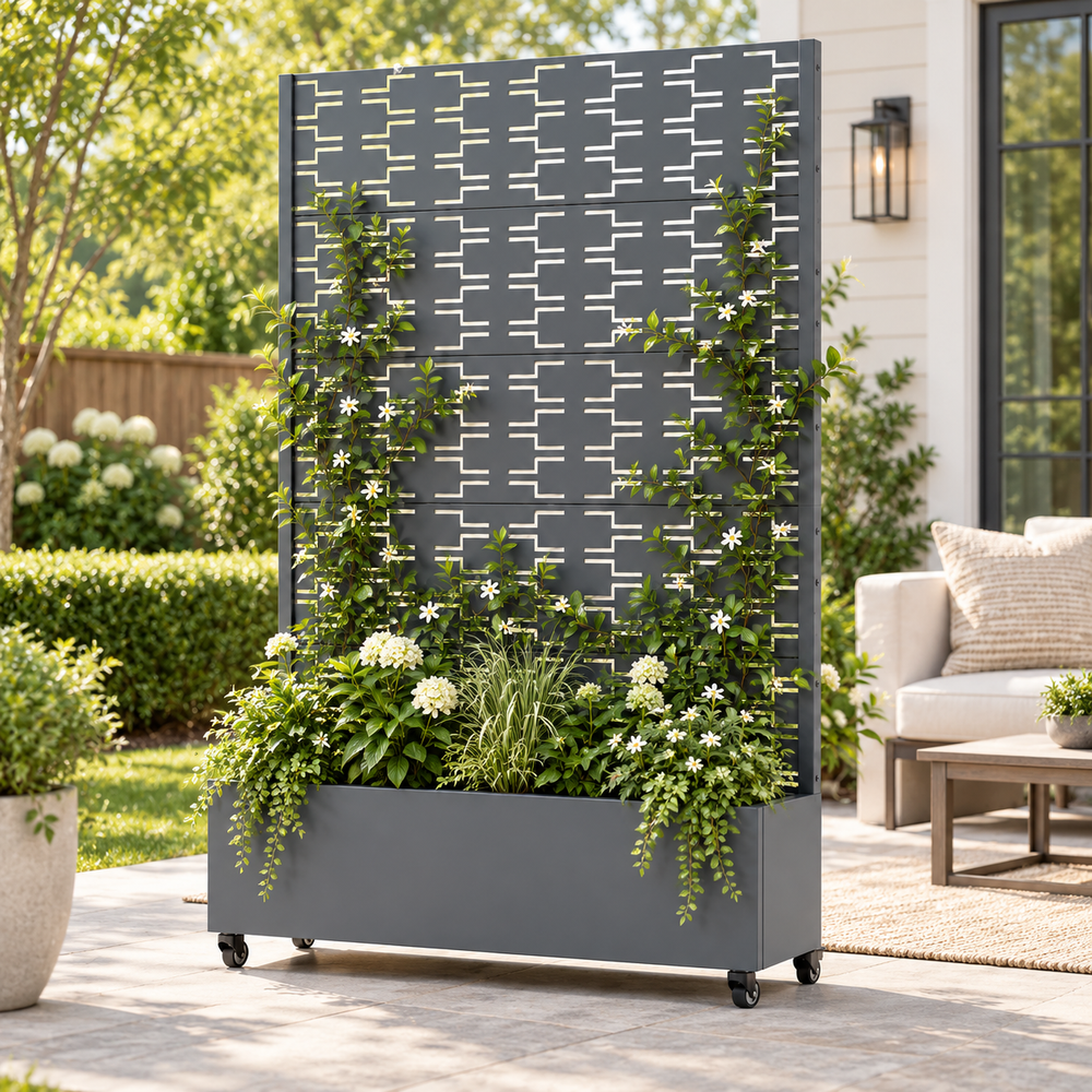 Brick Pattern Metal Privacy Screen with Planter Box – Modern Outdoor Backyard Divider