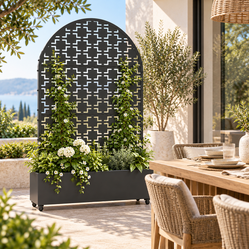 Arched Square Grid Metal Privacy Screen with Planter Box – Modern Outdoor Privacy Divider