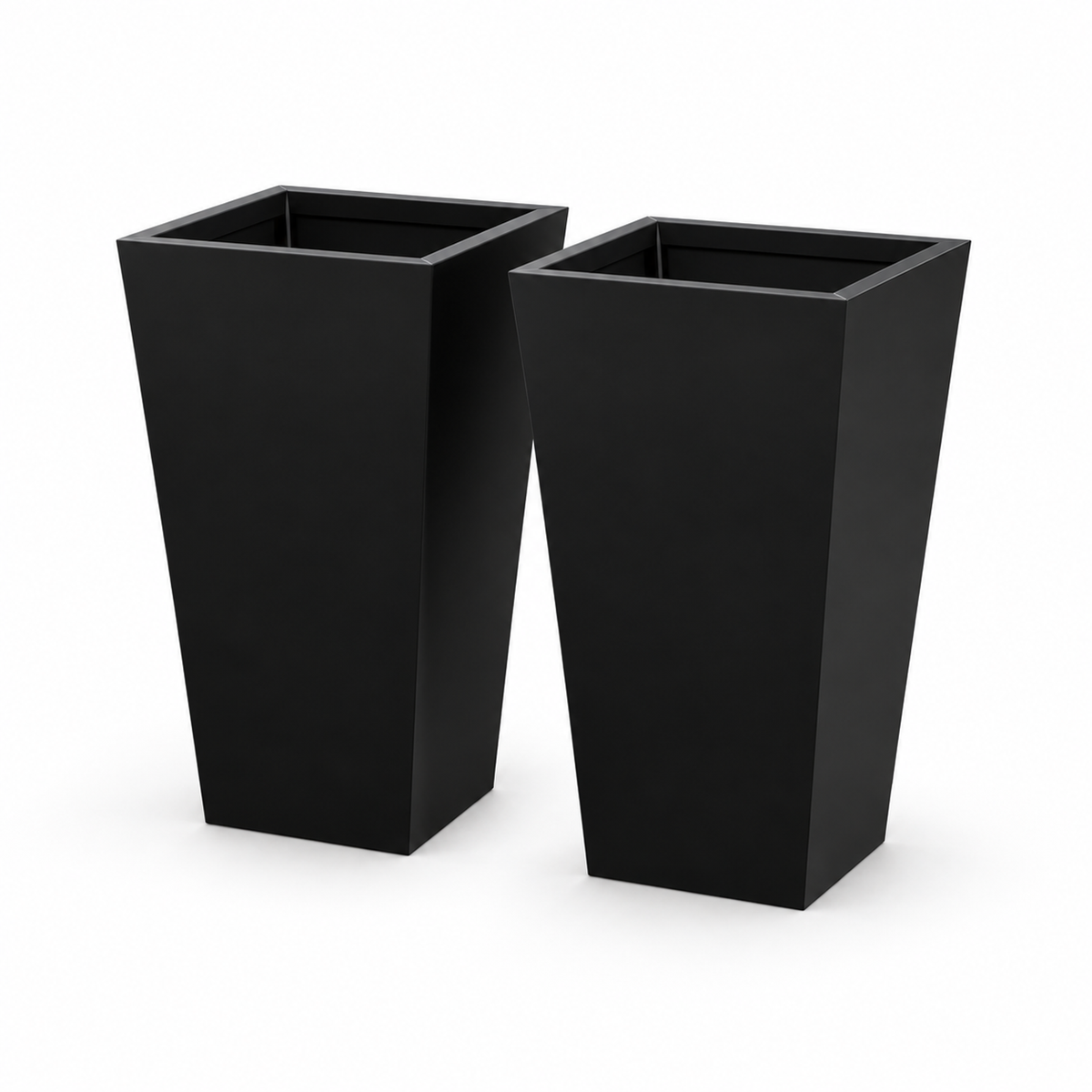 Two black tapered metal planters, each 26 inches high on a clean background.