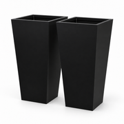 Two black tapered metal planters, each 30 inches high on a clean background.
