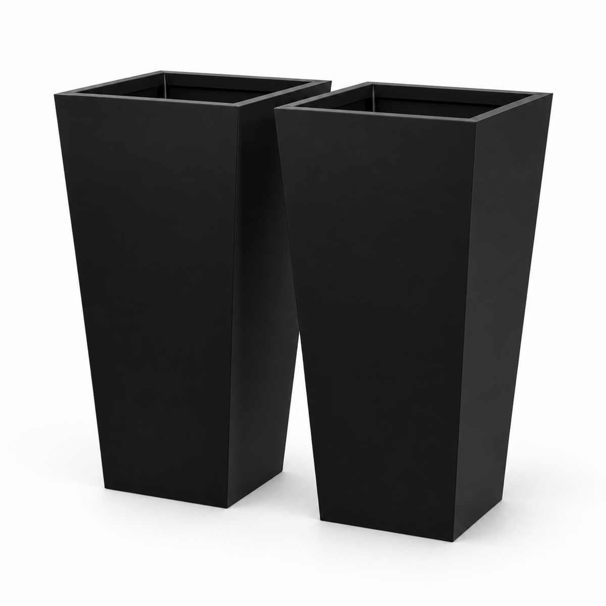 Two black tapered metal planters, each 30 inches high on a clean background.
