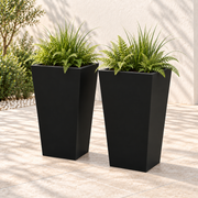 Two black tapered metal planters, each 30 inches high with greenery in an outdoor setting.
