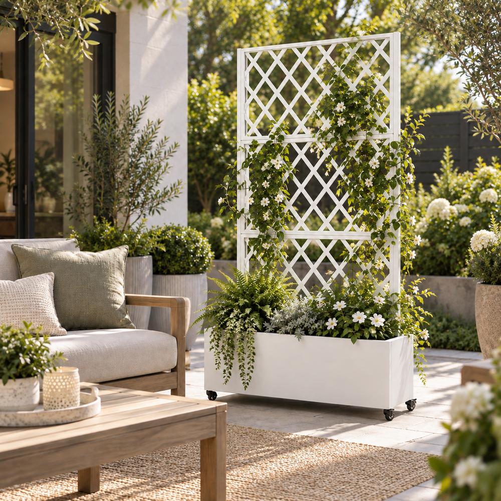 Diamond Pattern Metal Privacy Screen with Planter Box – Modern Outdoor Privacy Divider