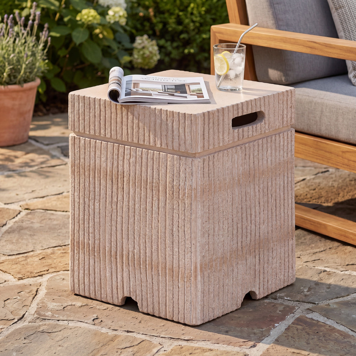 Natural Travertine Propane Tank Cover Side Table outdoor lifestyle scene