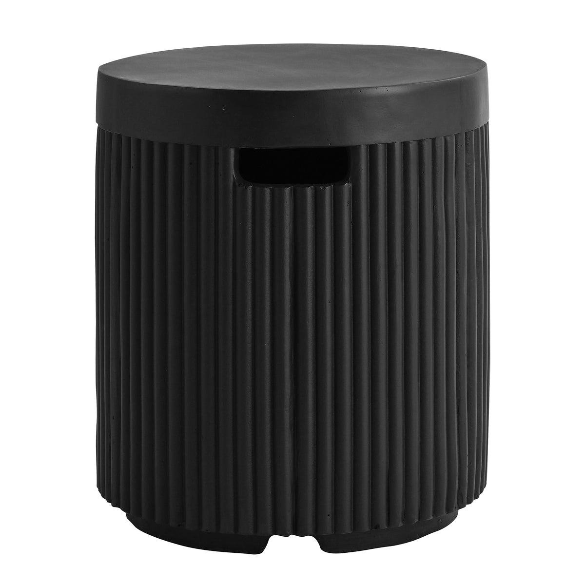 Black round propane tank cover side table angle view