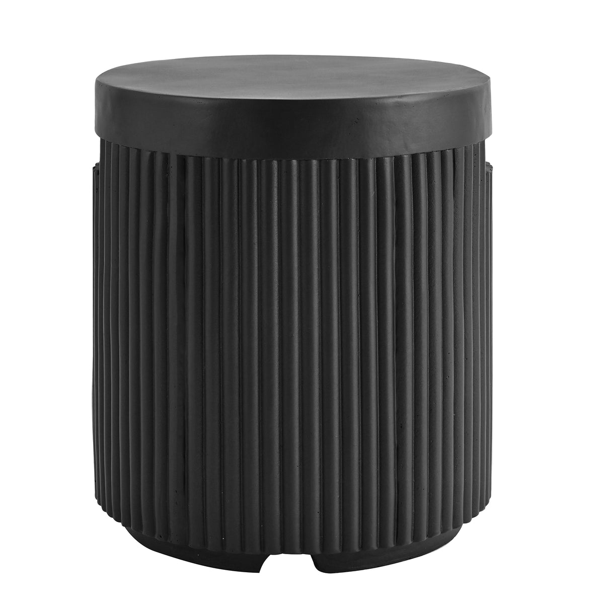 Black round propane tank cover side table detail