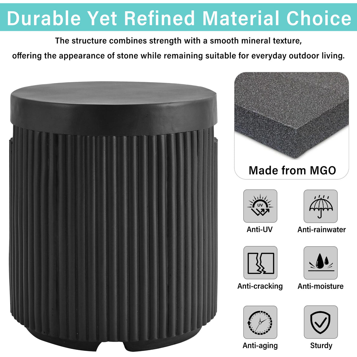 Black propane tank cover side table feature detail