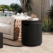 Black round propane tank cover side table lifestyle