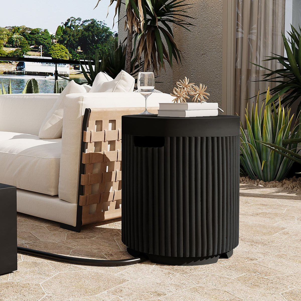 Black round propane tank cover side table lifestyle