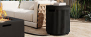 Black round propane tank cover side table outdoor scene