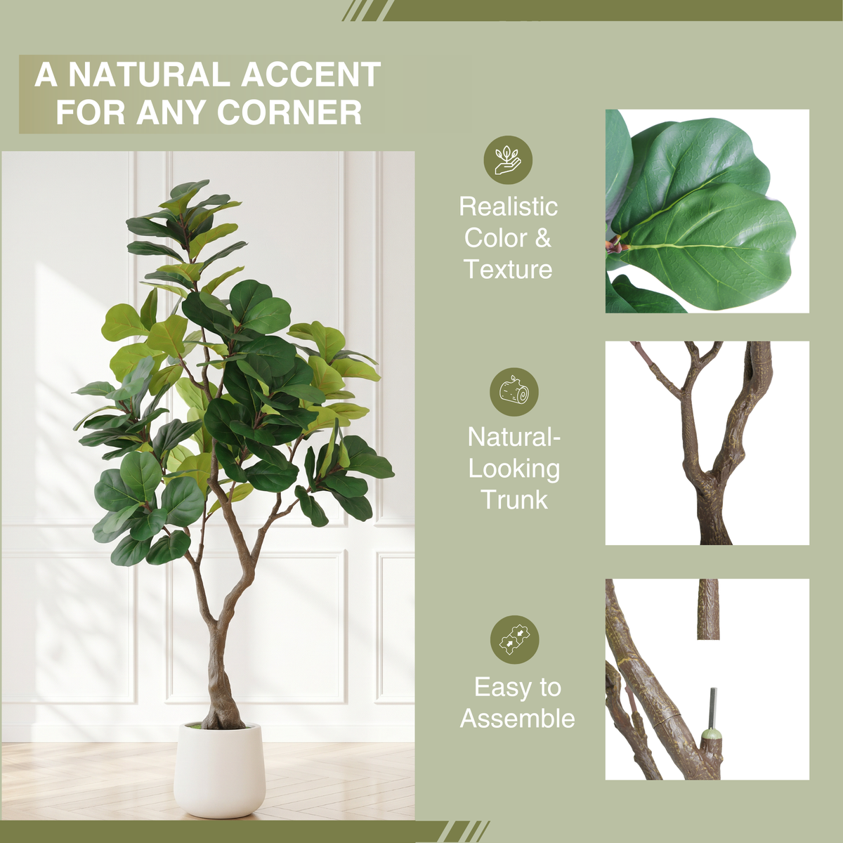 6 ft Artificial Fiddle Leaf Fig Tree realistic leaves and trunk detail