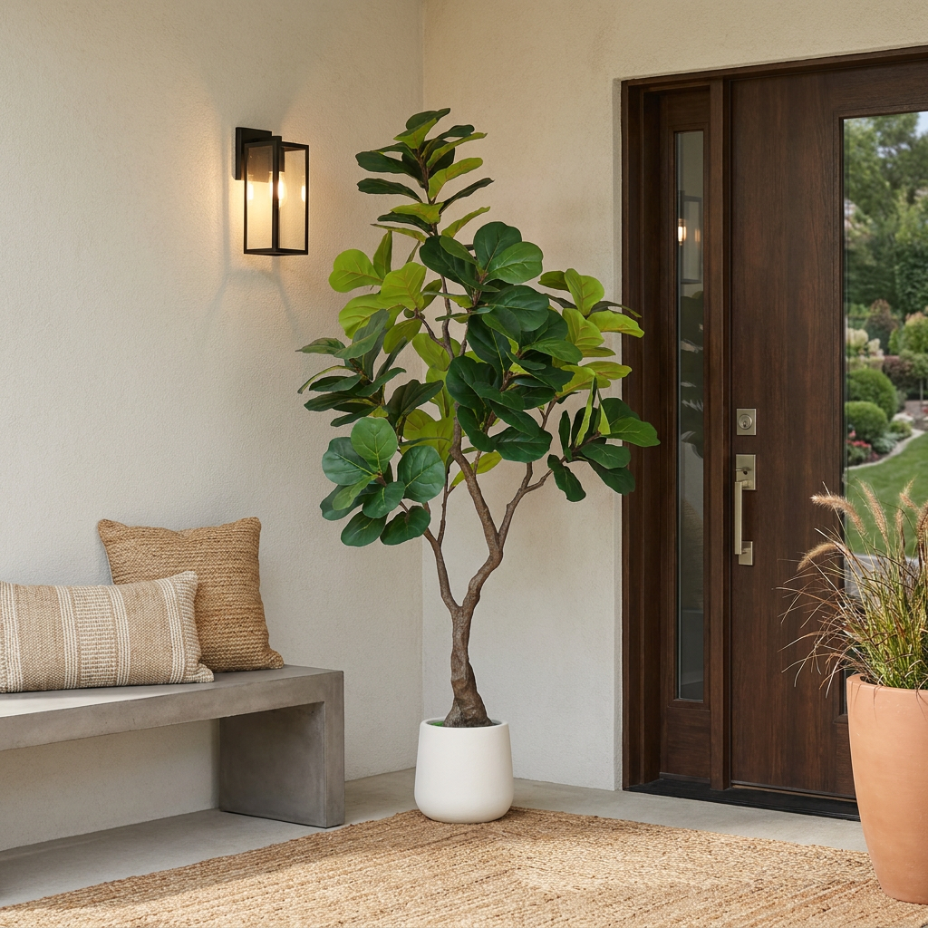 Artificial fiddle leaf fig tree styled in an outdoor entryway corner with modern patio decor