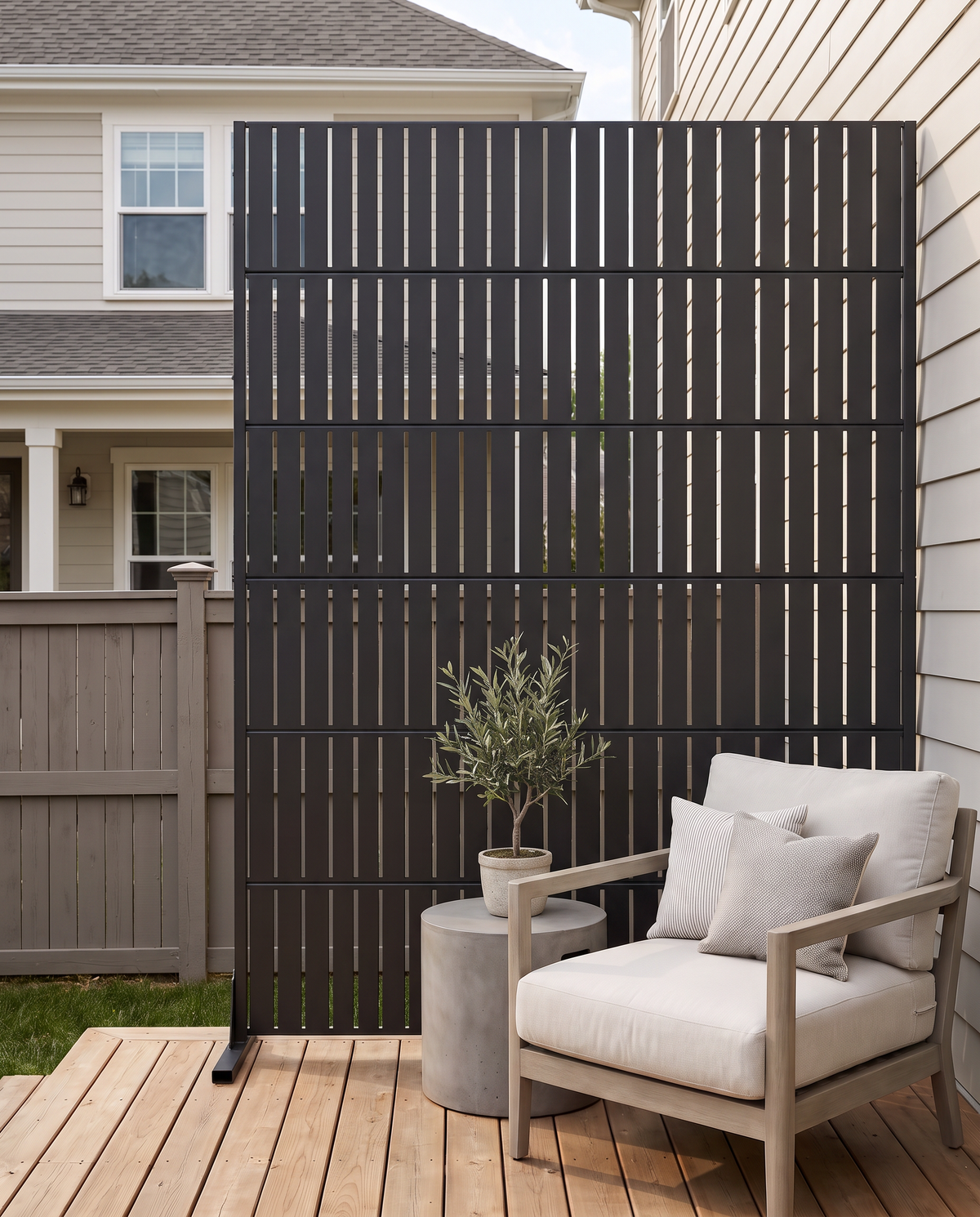 Black vertical slat privacy screen creating privacy for a residential patio