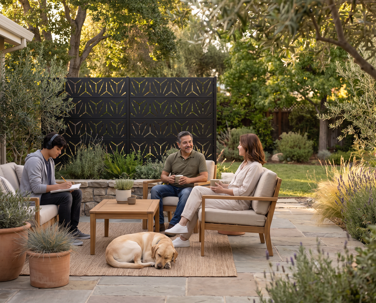 The Liras family relaxing together in their backyard with a Lirago Yard privacy screen