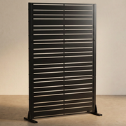 Black mixed-width louvered metal privacy screen, front view