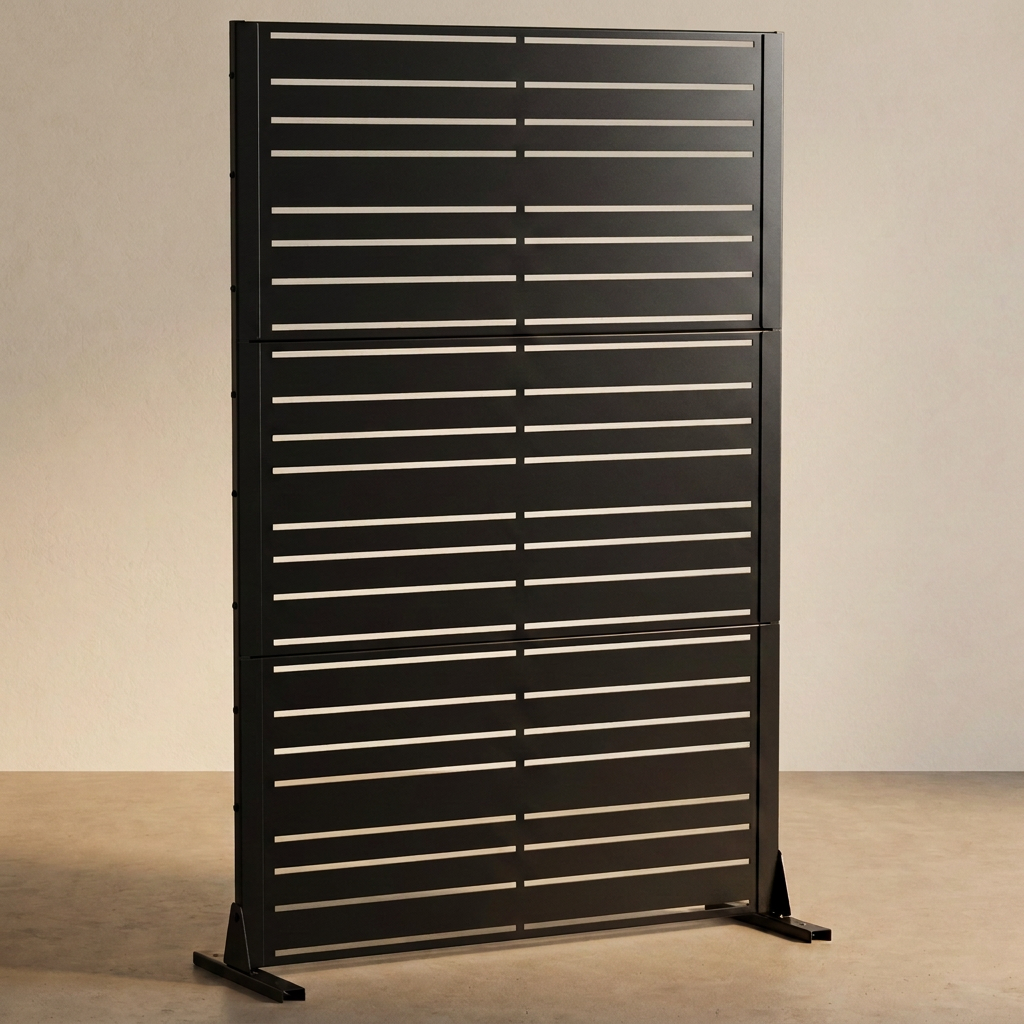 Black mixed-width louvered metal privacy screen, front view